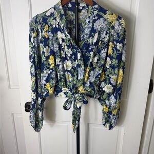 RACHEL Rachel Roy Navy Floral Tie-Front V-Neck Blouse